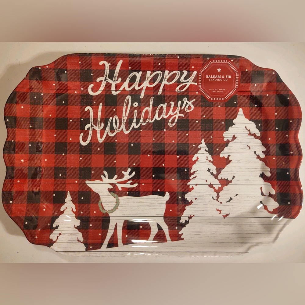 🎁Balsam & Fir Serving Tray - Scalloped Happy Holidays Theme - 18.5” x 12.5”